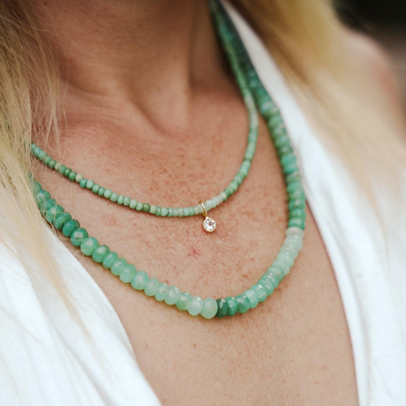 Candy Chrysoprase necklace by Earthly Abundance featuring polished green gemstone beads on a delicate silver chain.