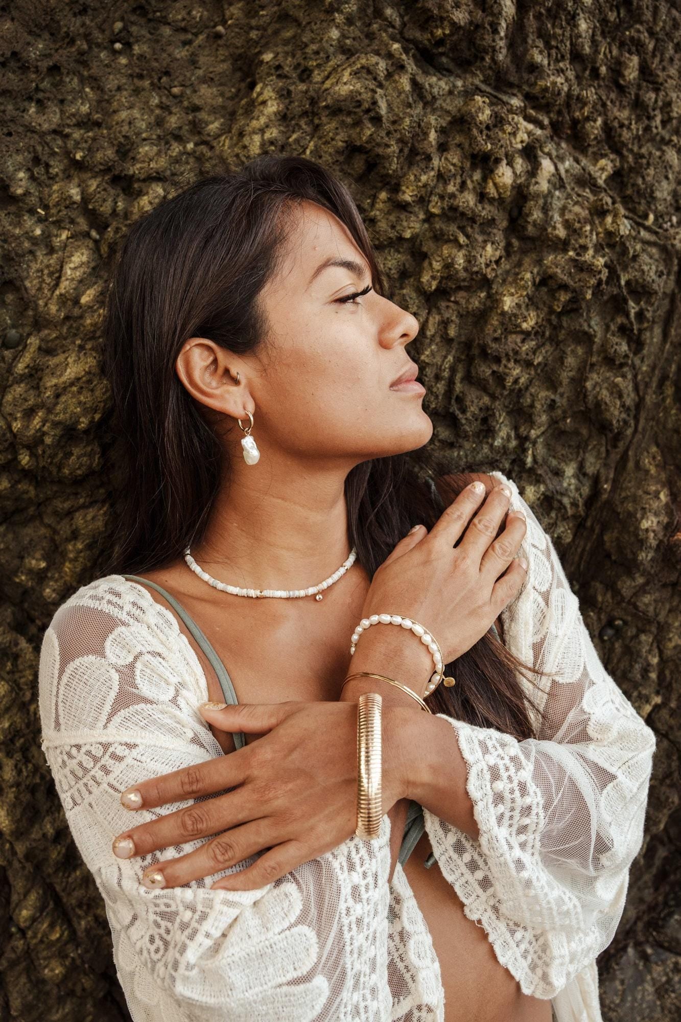 Freshwater pearl hoops earrings with 14K gold-filled setting from Earthly Abundance, featuring elegant pearl accents.