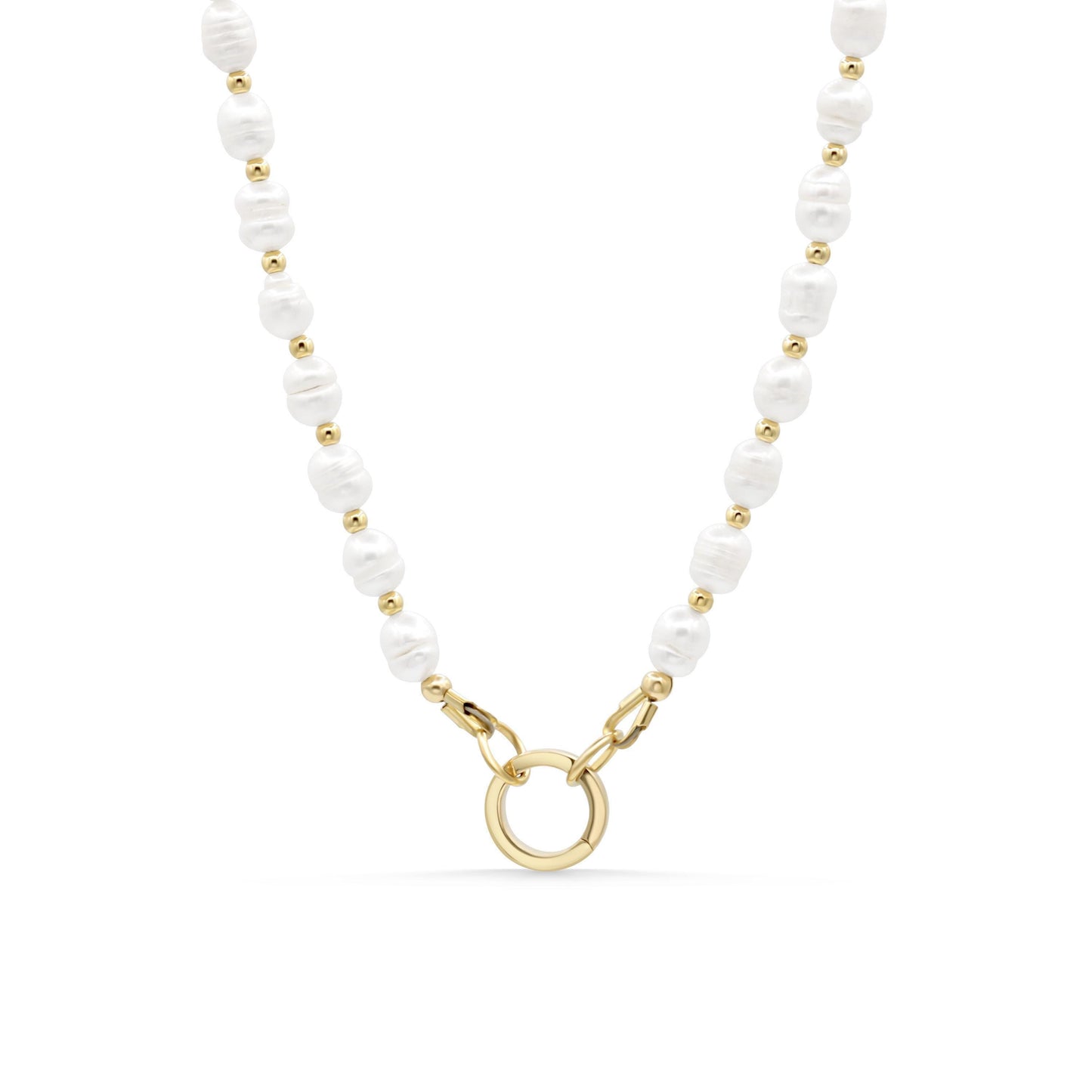 Freshwater pearl necklace with 14K gold clasp from Earthly Abundance, featuring lustrous white pearls on a delicate chain.