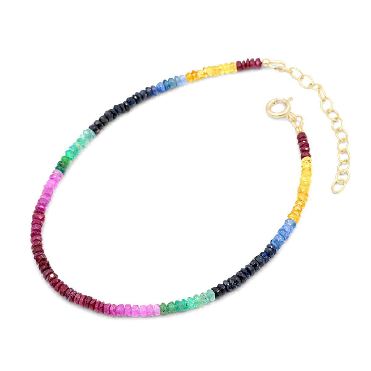 Silver multi-sapphire anklet from Earthly Abundance featuring a delicate chain with colorful sapphire gemstone accents.