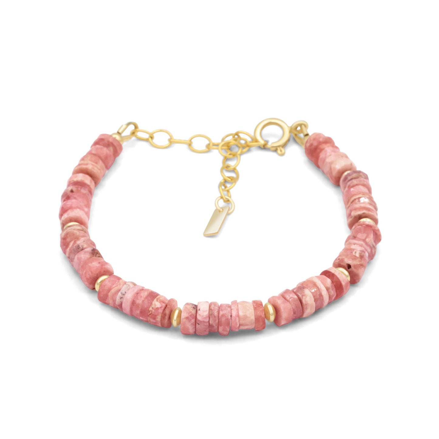 Renewal Rhodochrosite bracelet by Earthly Abundance featuring polished pink and red gemstone beads on an elastic band.