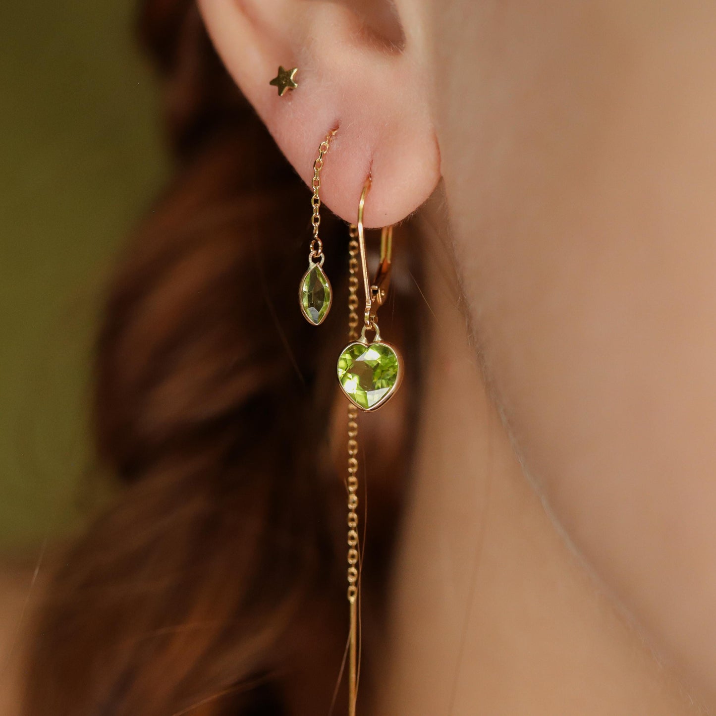 Peridot heart earrings in 14K gold with green gemstone hearts, elegant jewelry by Earthly Abundance