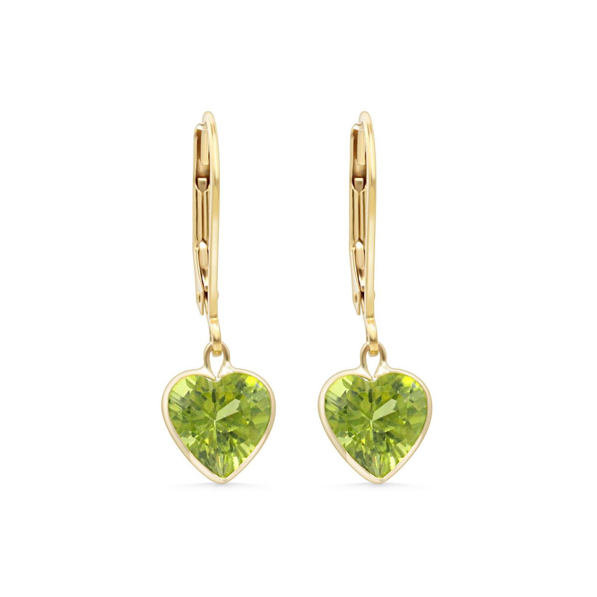 Peridot heart earrings in 14K gold from Earthly Abundance, featuring vibrant green peridot gemstones and delicate heart-shaped design.