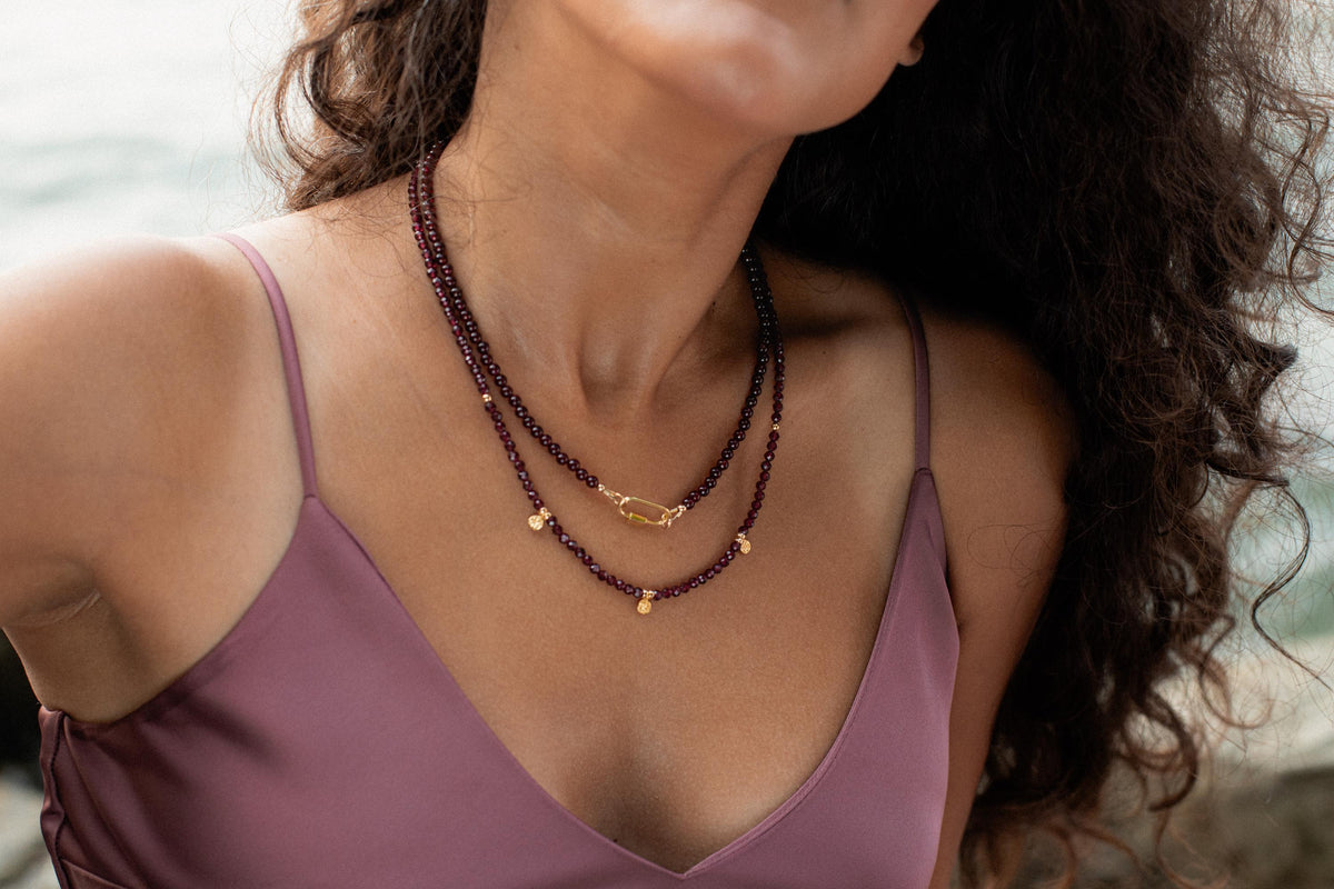 Garnet beaded necklace from Earthly Abundance Jewelry featuring deep red, polished garnet stones on a delicate string.