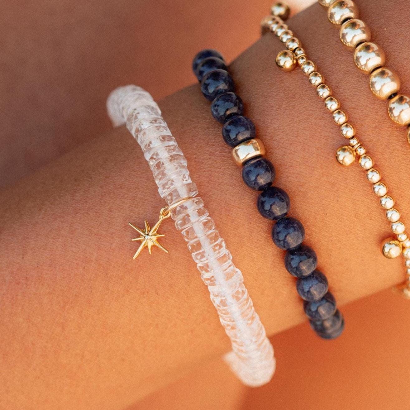 White Topaz Heishi bracelet by Earthly Abundance featuring small, round white topaz stones on a delicate bracelet strand.