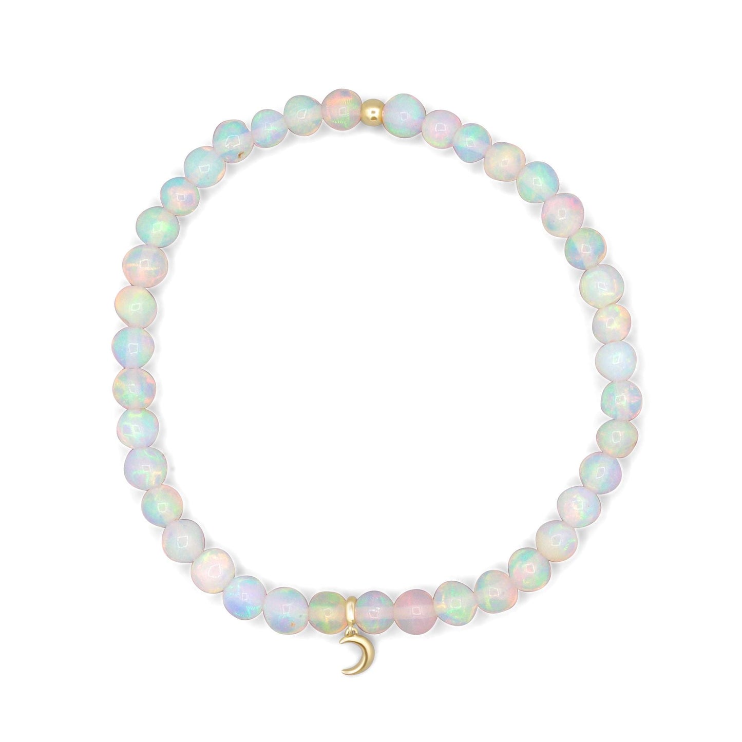 Ethiopian Opal Moon bracelet with 14K gold setting, featuring luminous opal stones and celestial moon accents.