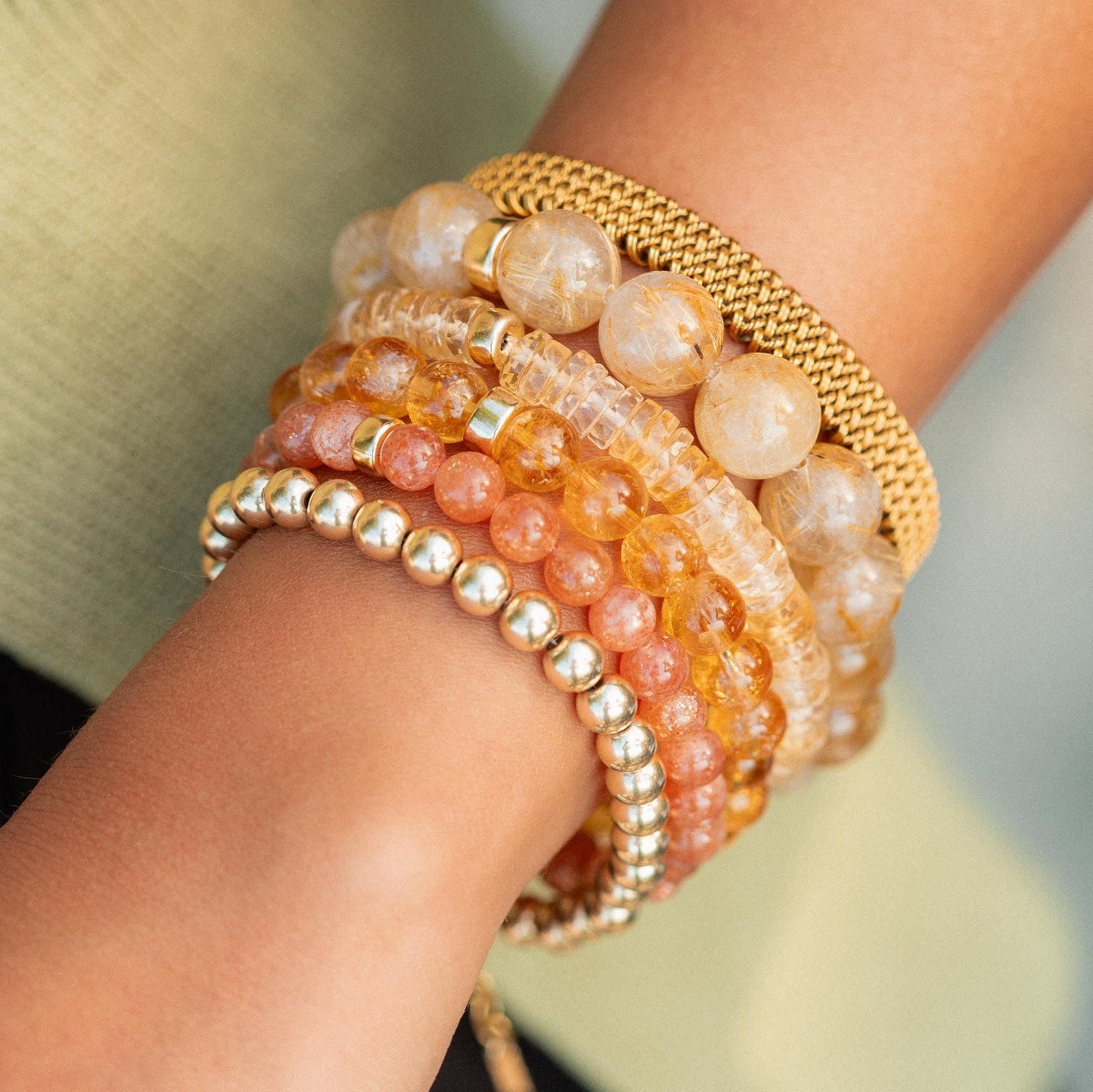 6mm Sunstone bracelet by Earthly Abundance featuring polished sunstone beads on an elastic cord.