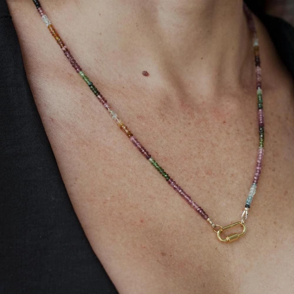 Mixed tourmaline carabiner necklace featuring colorful gemstone beads on a silver chain, by Earthly Abundance.