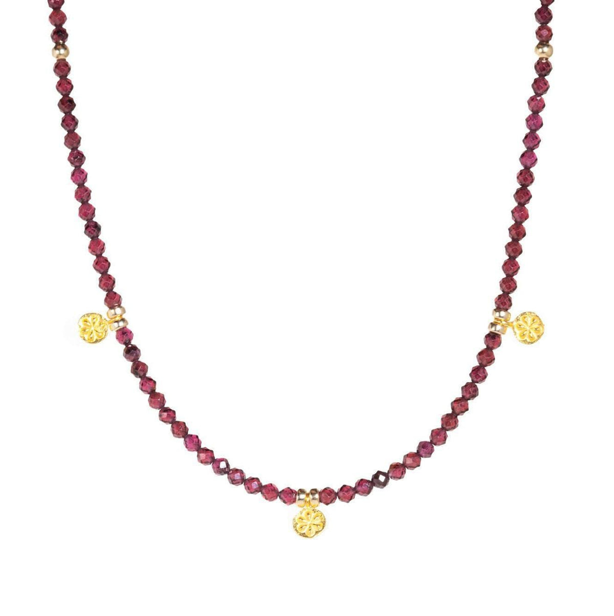 Garnet beaded necklace from Earthly Abundance Jewelry featuring polished red gemstone beads on a delicate string.