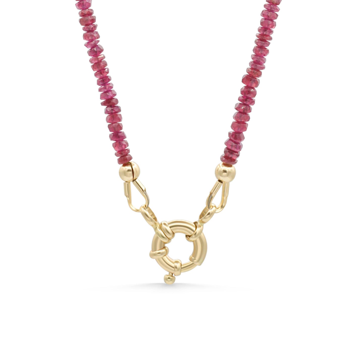 14K Anchor Ruby Necklace by Earthly Abundance featuring a polished gold chain and a prominent ruby pendant.