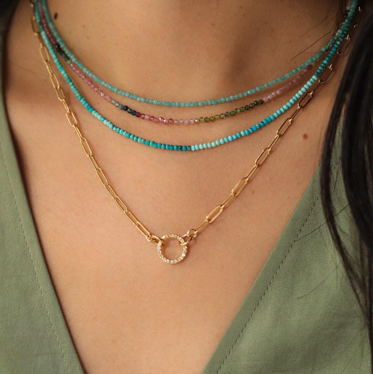 Mixed tourmaline necklace with 2mm beads from Earthly Abundance Jewelry, showcasing colorful gemstones on a delicate chain.