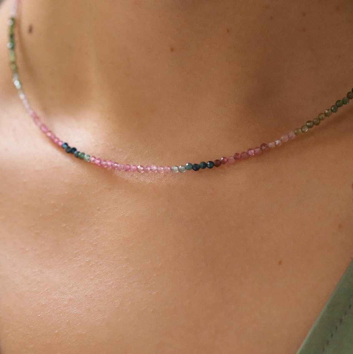 Mixed tourmaline necklace with 2mm beads from Earthly Abundance Jewelry, featuring colorful, polished gemstones on a delicate chain.