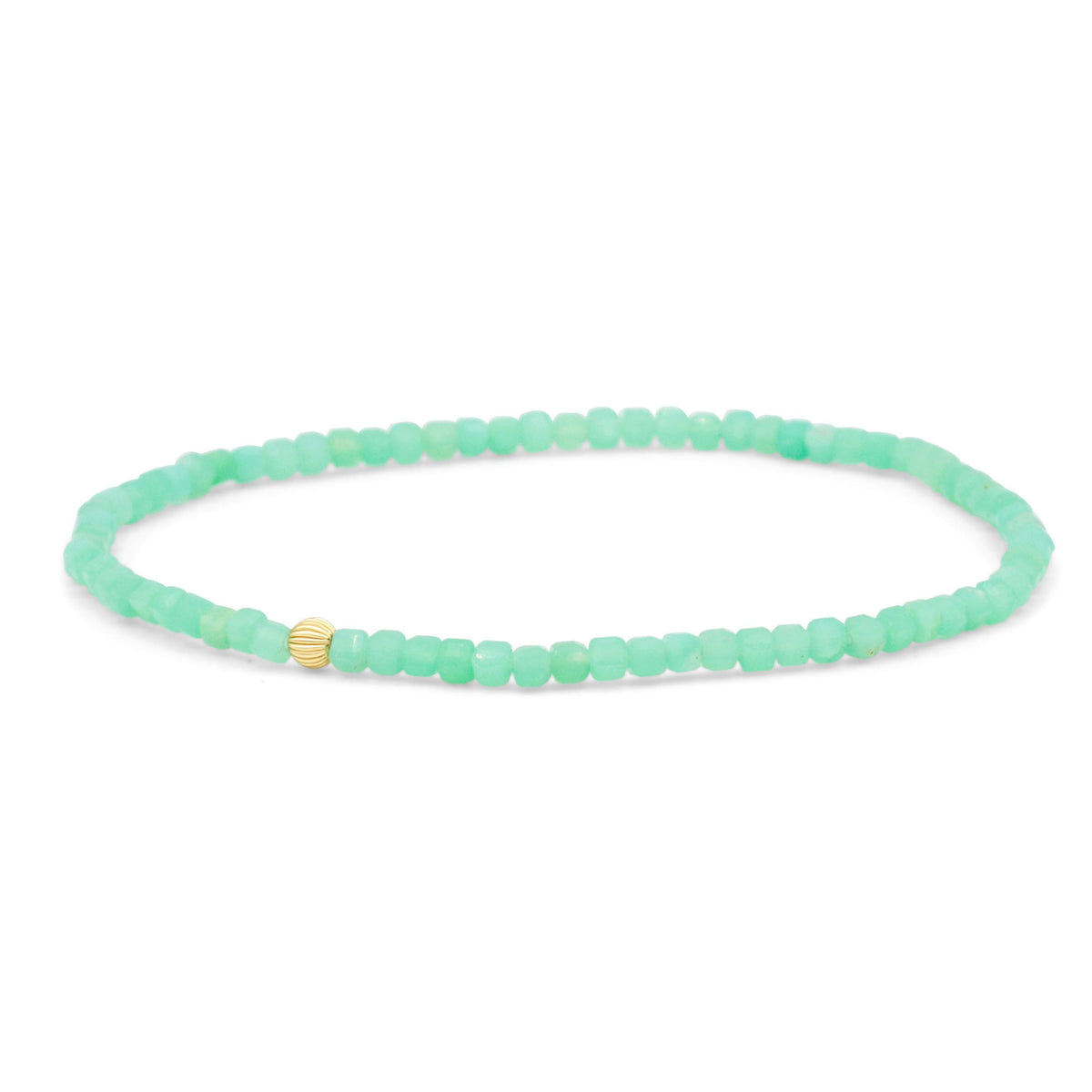 Chrysoprase cube bracelet featuring 14K gold accents by Earthly Abundance, showcasing vibrant green gemstone cubes on a delicate chain.