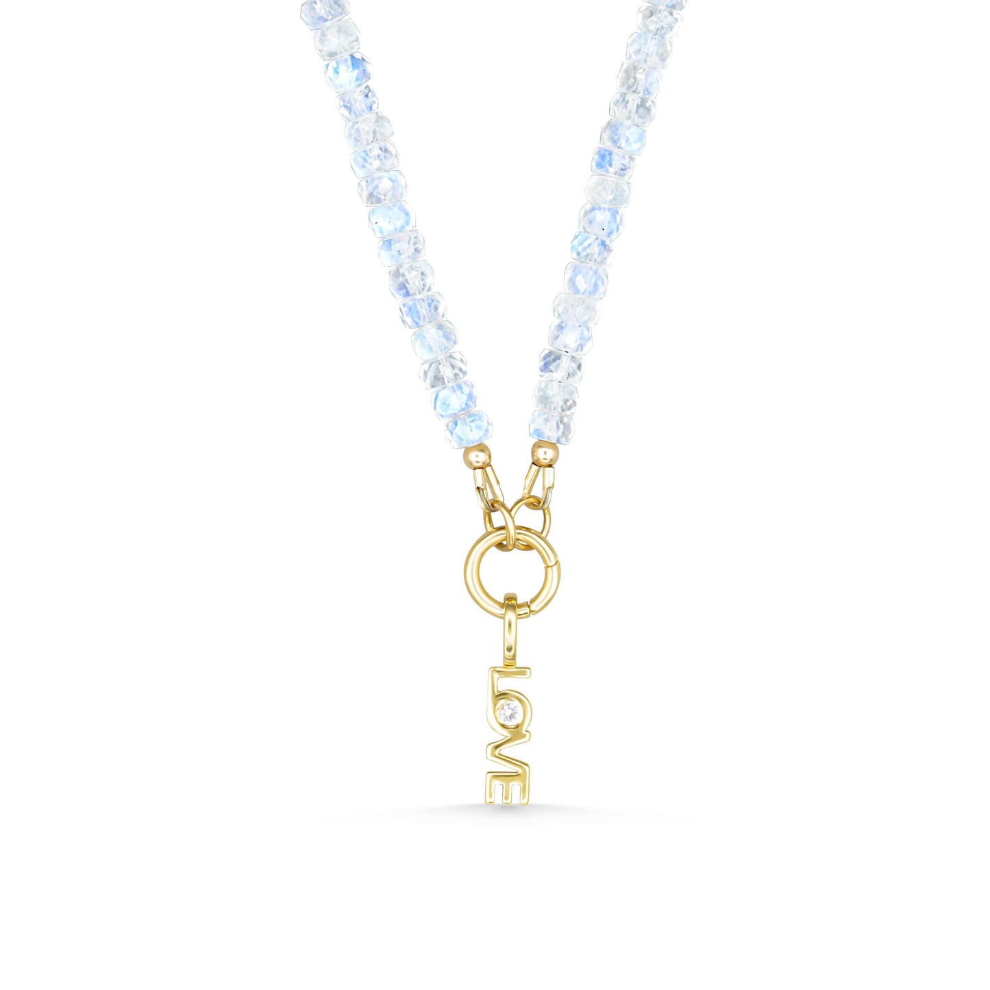 Rainbow Moonstone carabiner necklace by Earthly Abundance featuring a polished moonstone pendant on a metal chain.