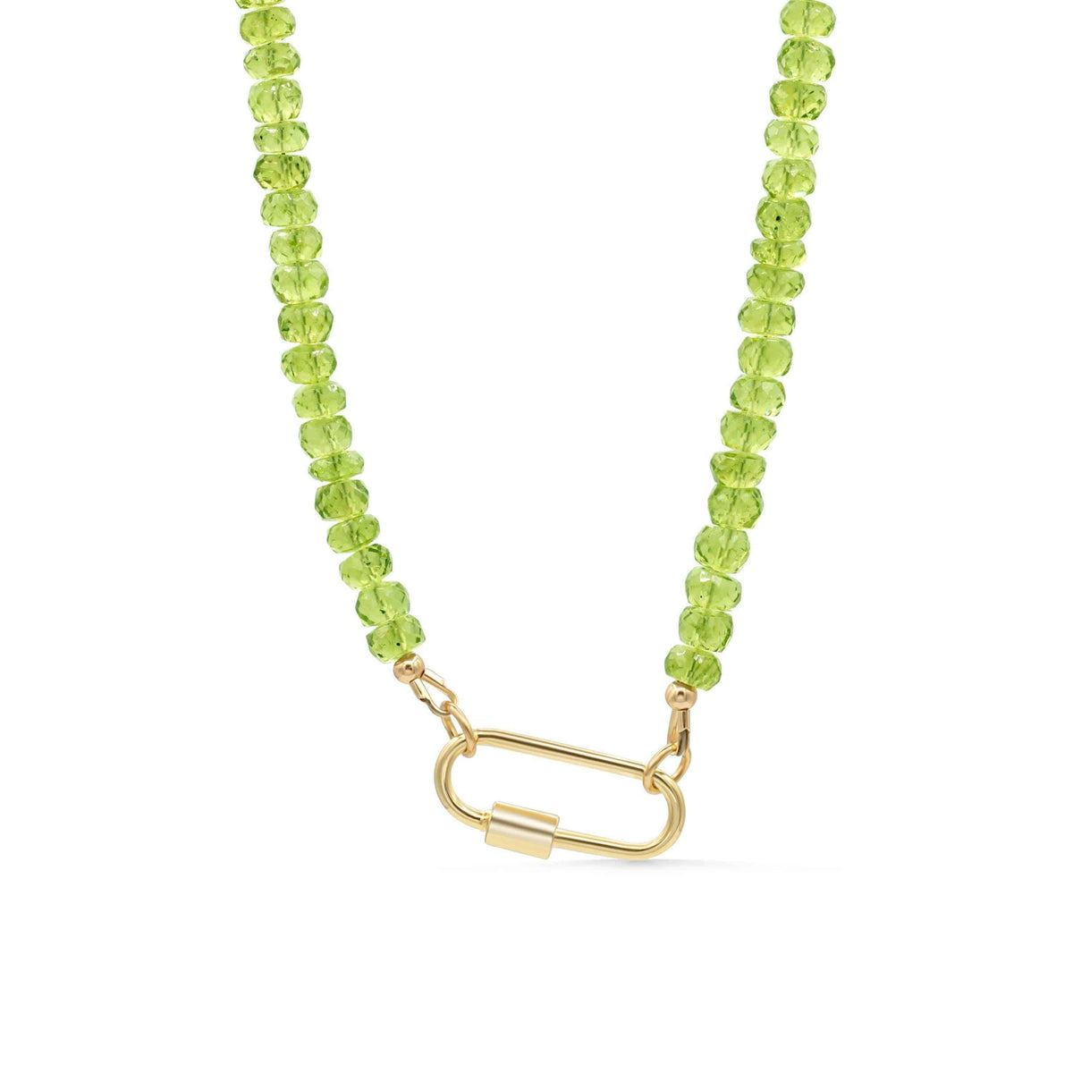 Peridot carabiner necklace with green gemstone pendant on silver chain, featuring Earthly Abundance branding.