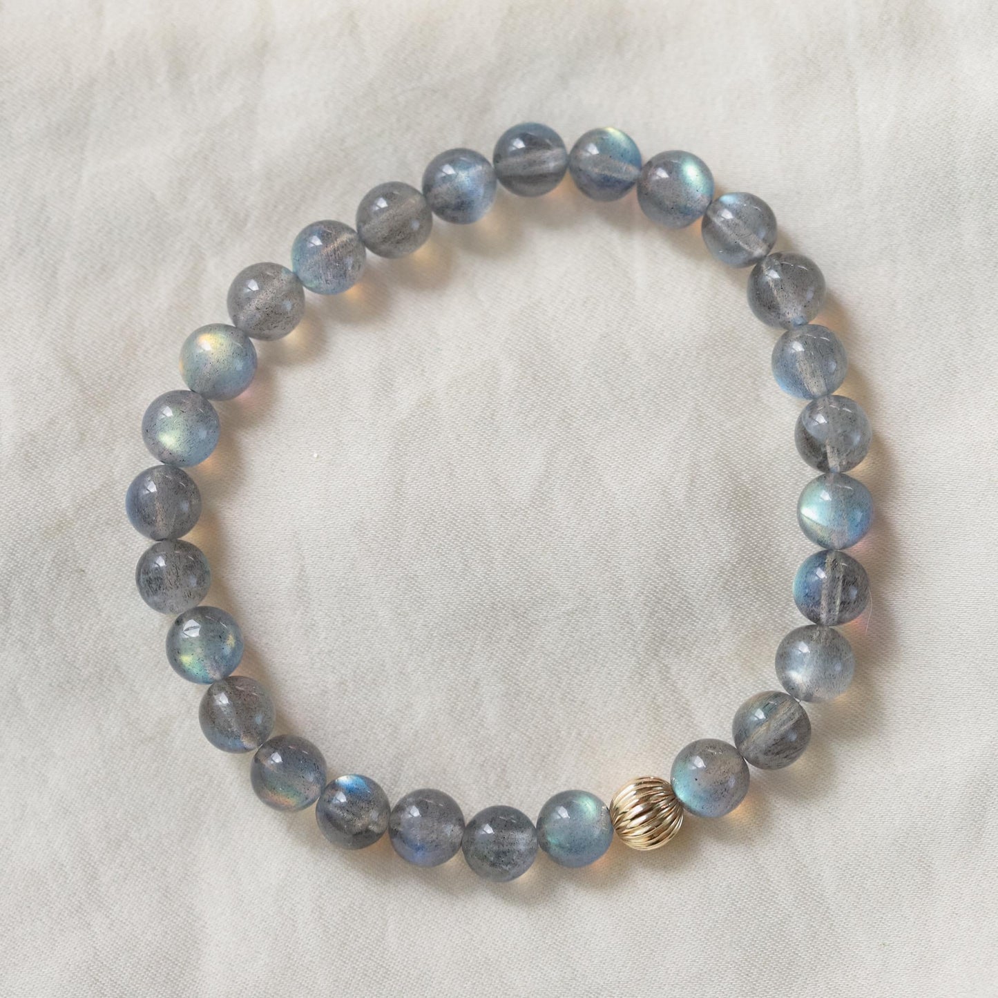 Spiritual Insight Labradorite gemstone from Earthly Abundance, showcasing iridescent blue and green flashes on a polished surface.