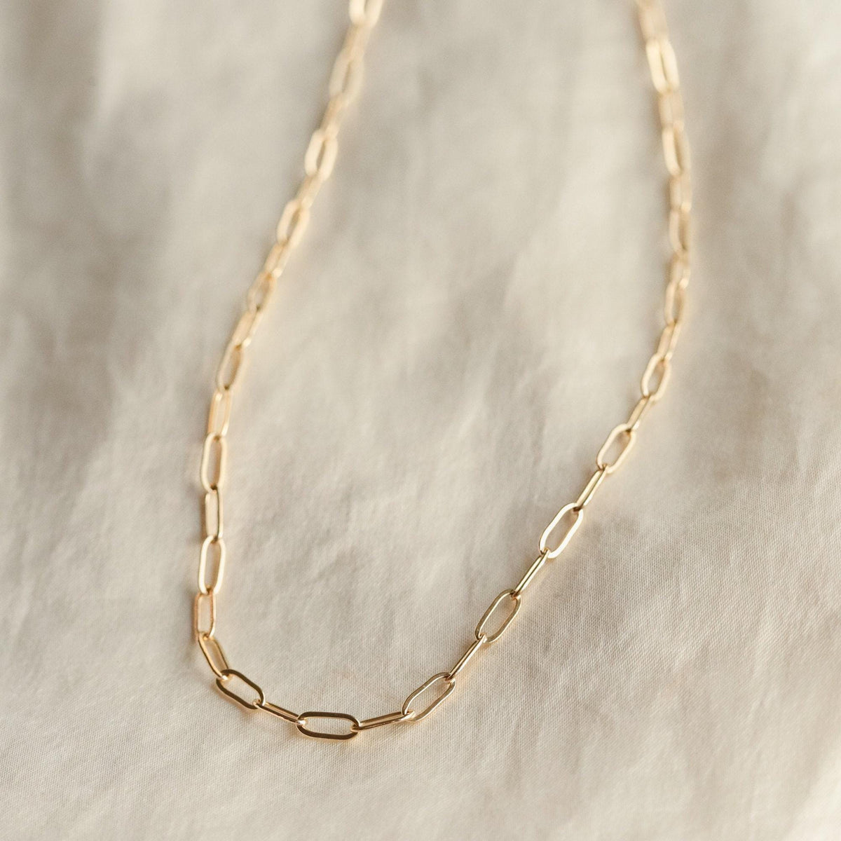 14K gold-filled Everyday Gold Necklace by Earthly Abundance, close-up of delicate chain and clasp on a neutral background.