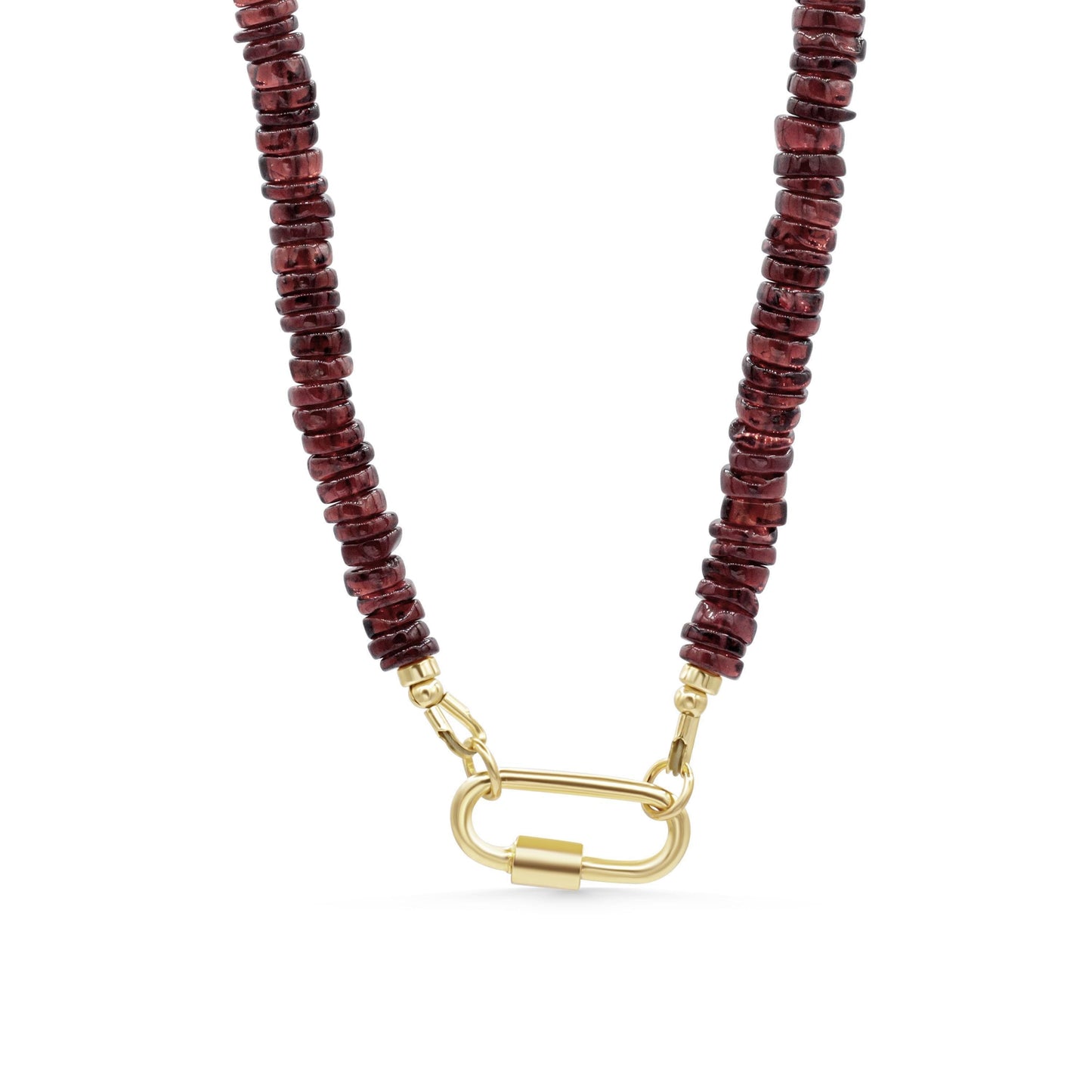 Earthly Abundance garnet beaded necklace with vibrant red gemstones and intricate beading detail.