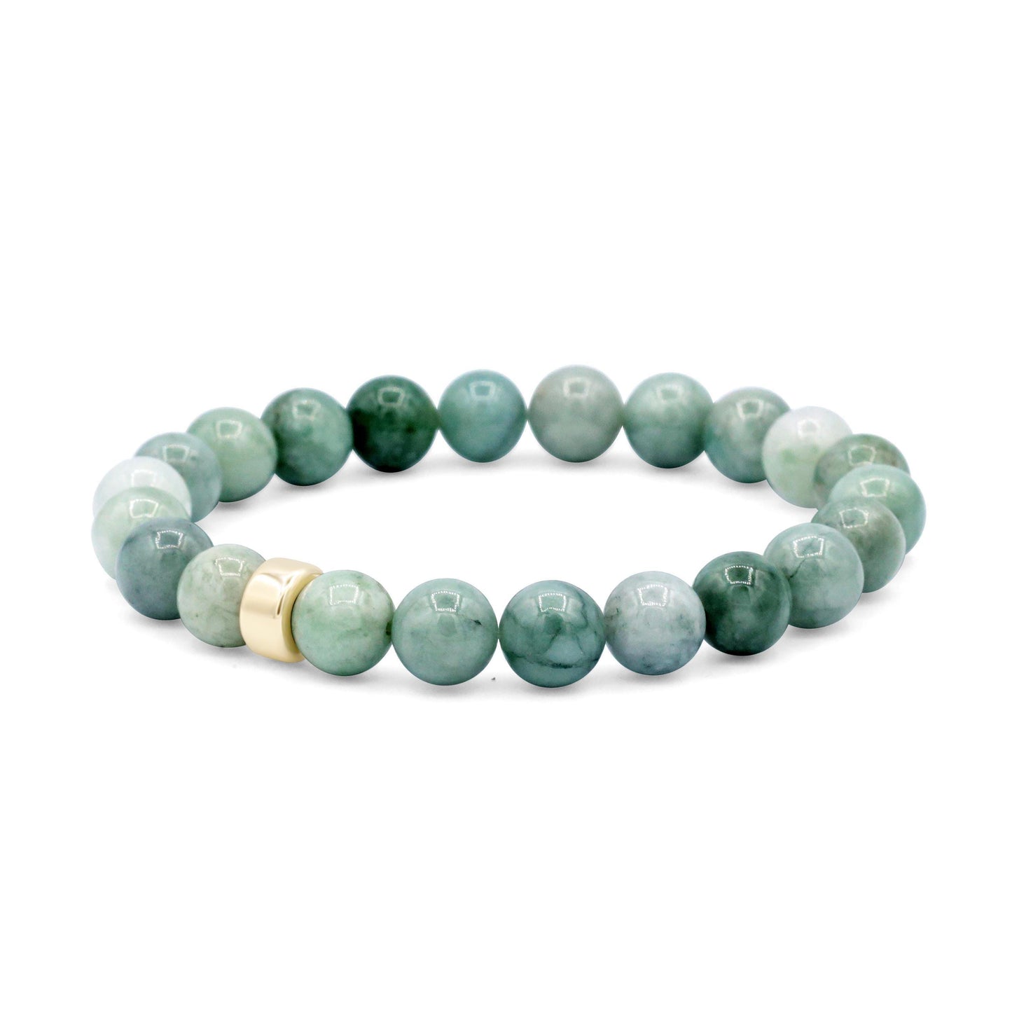 Burmese Jade 8mm gemstone bead strand from Earthly Abundance, showcasing smooth, polished green jade beads.