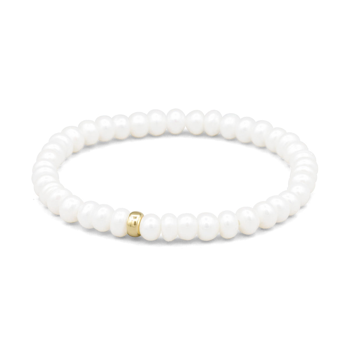 Elegant freshwater pearl bracelet by Earthly Abundance featuring smooth white pearls on a delicate clasped chain.