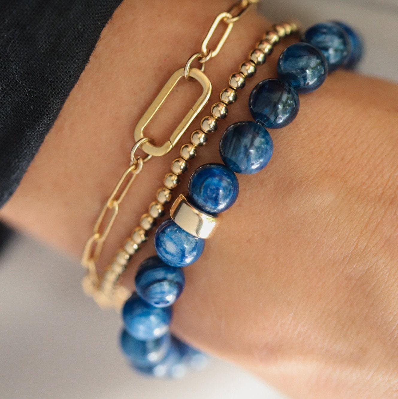 Kyanite bracelet from Earthly Abundance Jewelry featuring polished blue kyanite stones on a delicate string.
