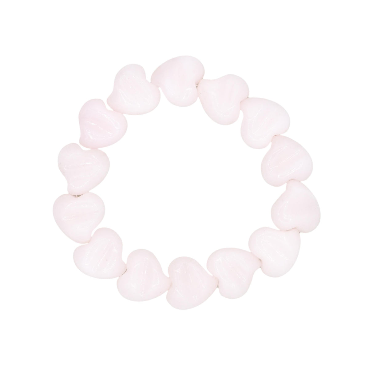 Heart-shaped pink mango calcite bracelet from Earthly Abundance Jewelry with rounded beads and a silver clasp.