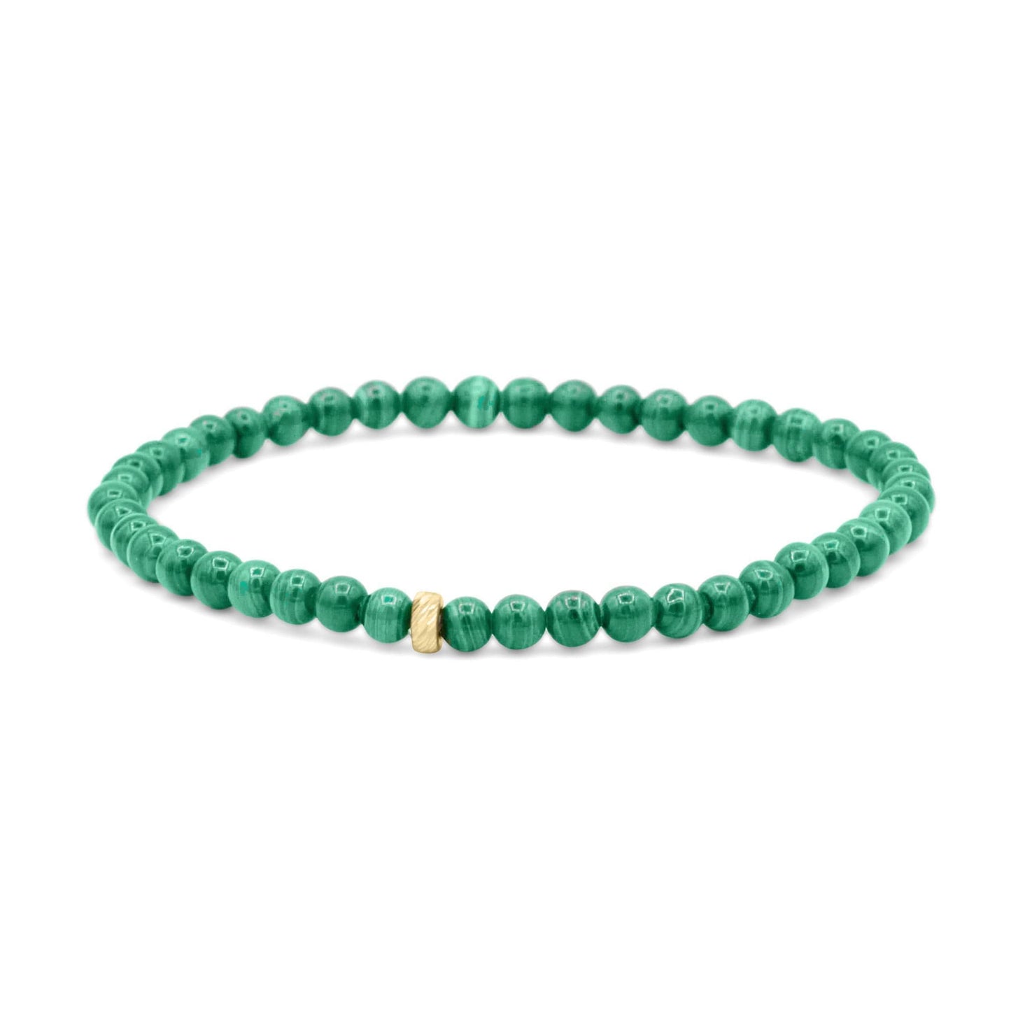 Round 4mm malachite gemstone beads on a jewelry strand, featuring vibrant green color and polished surface, from Earthly Abundance.