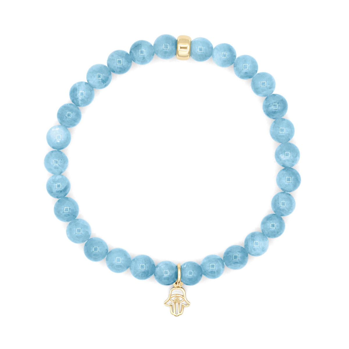 Aquamarine and mother of pearl Hamsa bracelet by Earthly Abundance featuring intricate beaded design and protective symbolism.