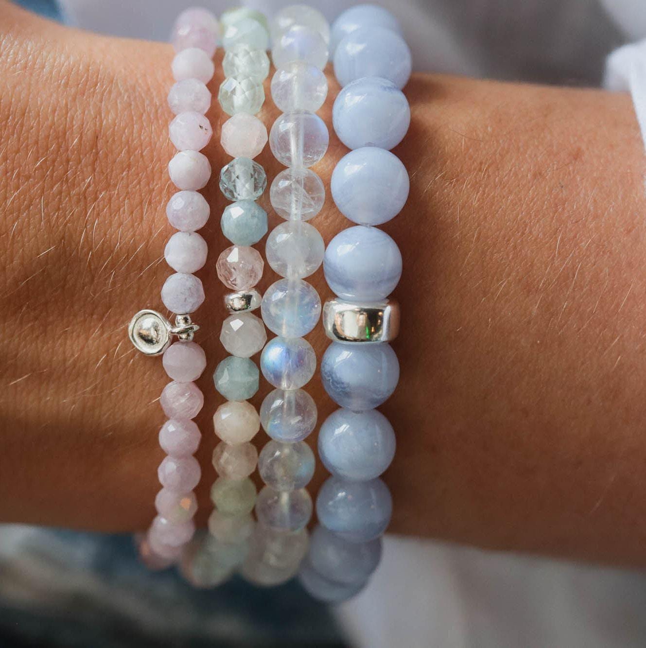 Blue Lace Agate bracelet from Earthly Abundance featuring polished blue gemstone beads on an elastic band.