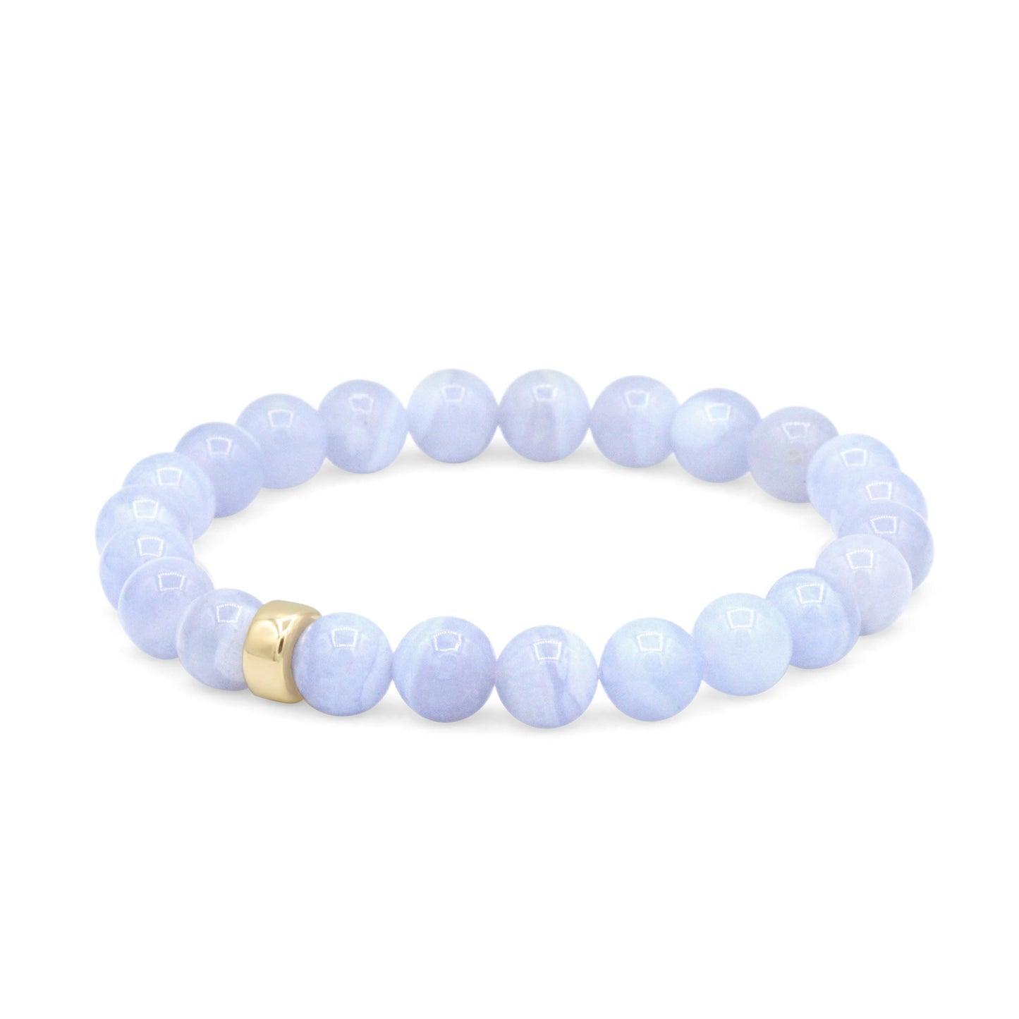 Blue Lace Agate bracelet by Earthly Abundance featuring polished blue and white gemstone beads on an elastic band.