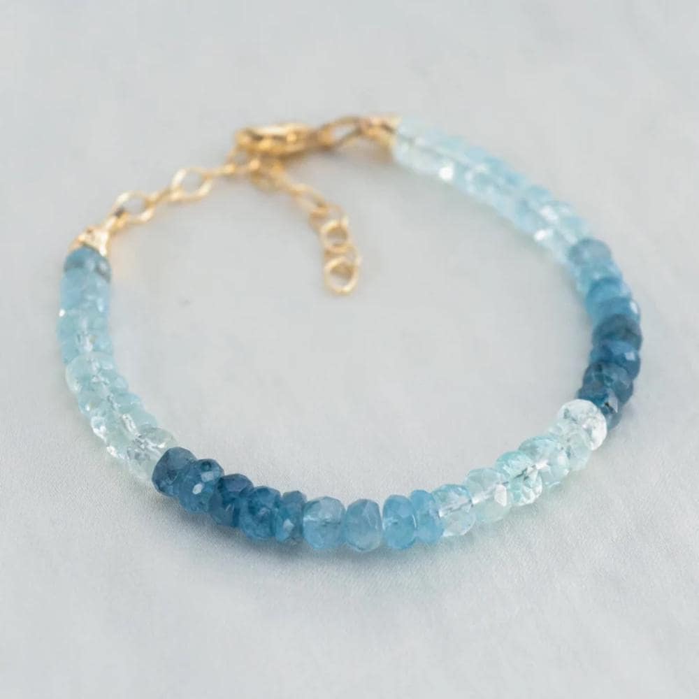 Earthly Abundance Santorini Blue Aquamarine bracelet with polished beads, showcasing vibrant aquamarine stones in a stylish jewelry design.