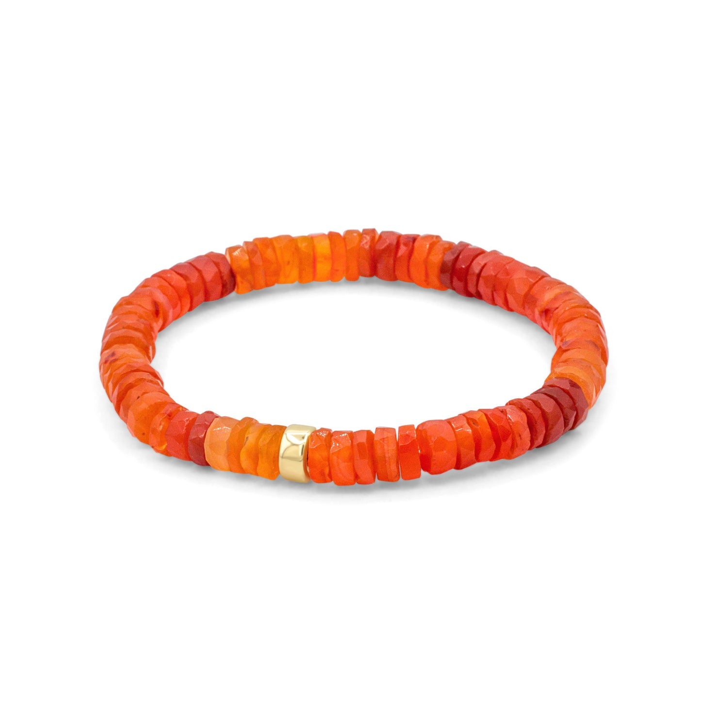 Earthly Abundance Carnelian heishi bracelet featuring smooth orange-red gemstone beads on a stretchy cord.