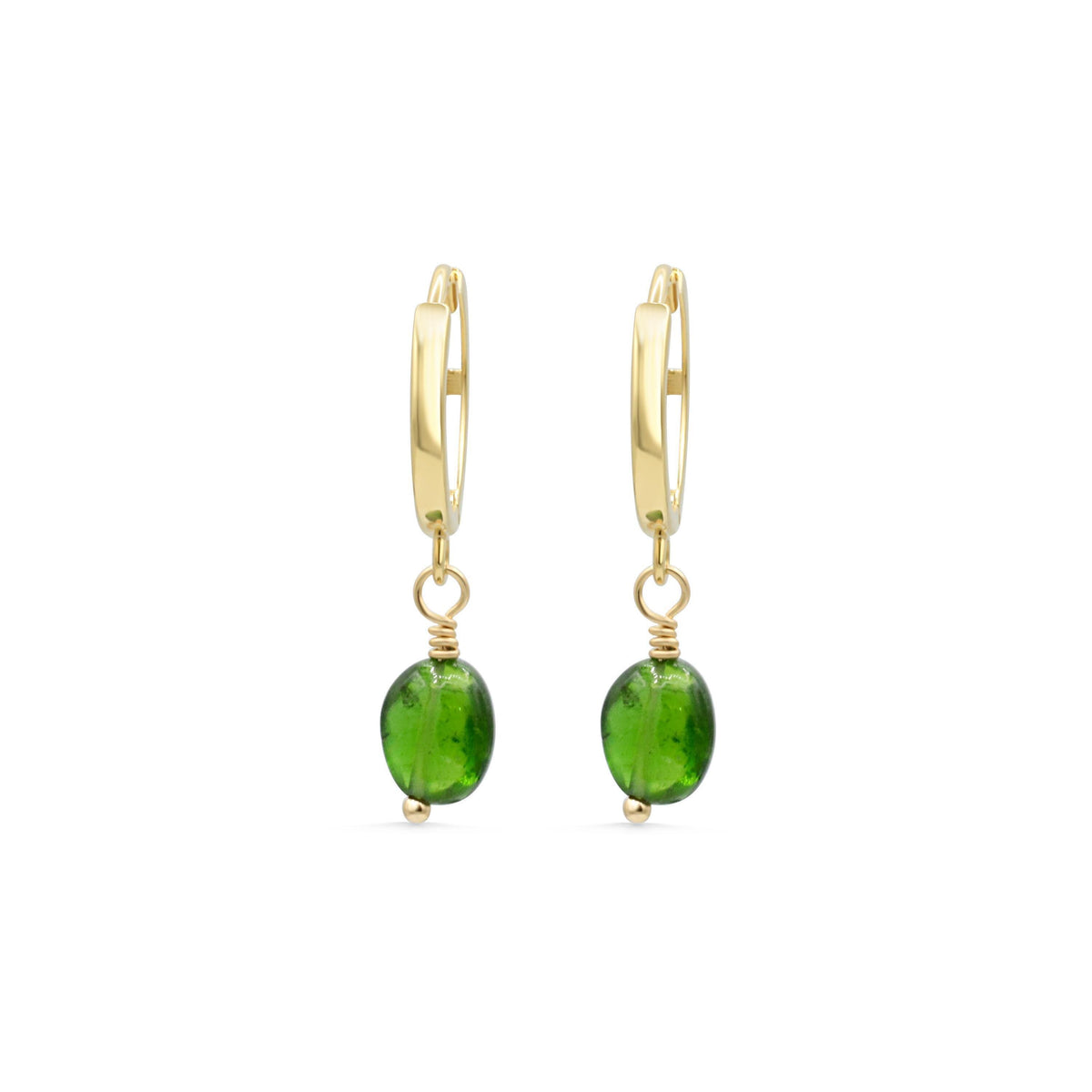 Chrome diopside hoop earrings in 14K gold, featuring vibrant green gemstones set in elegant hoops.