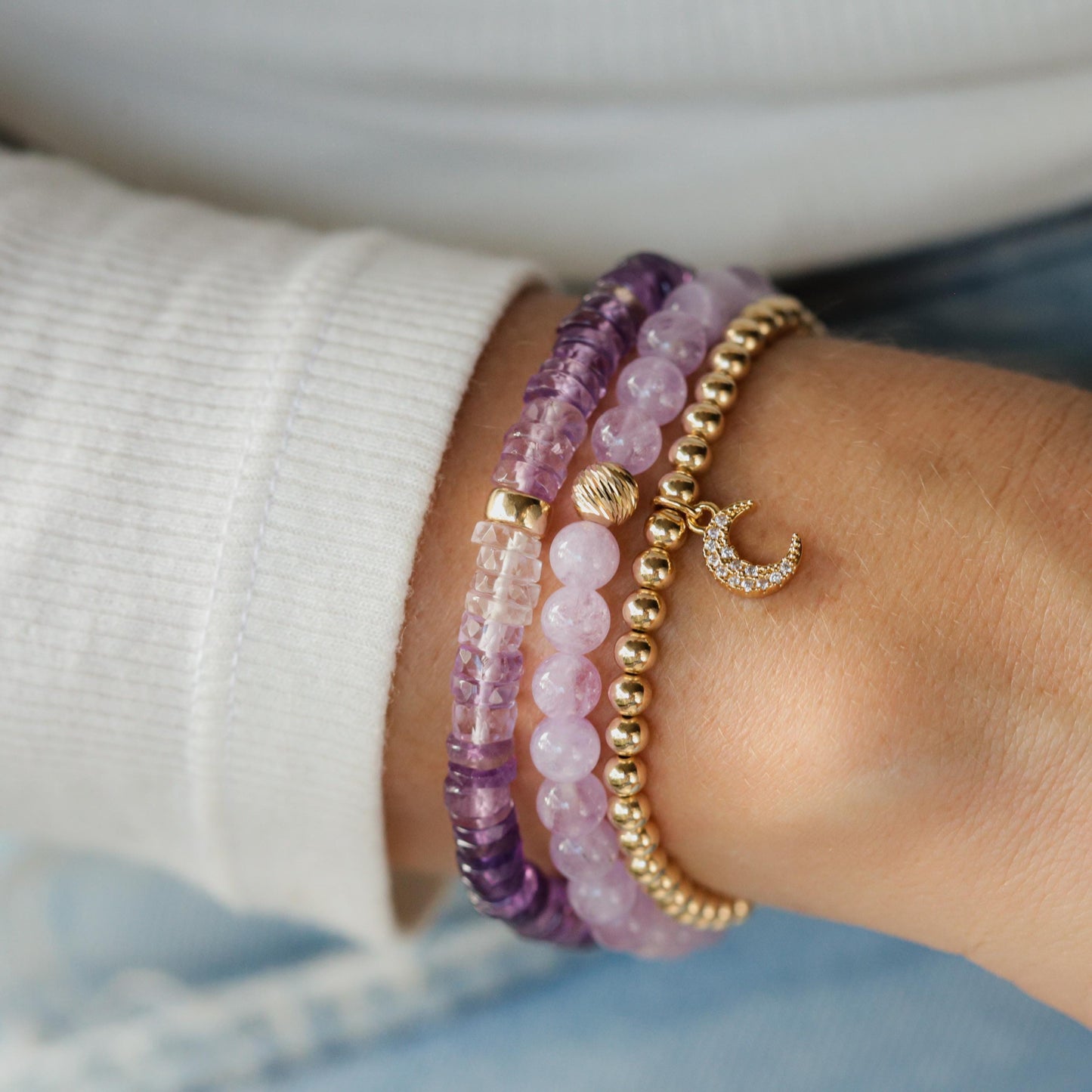 Radiant Ombré Amethyst Heishi Bracelet by Earthly Abundance featuring multicolored amethyst beads on a delicate string.