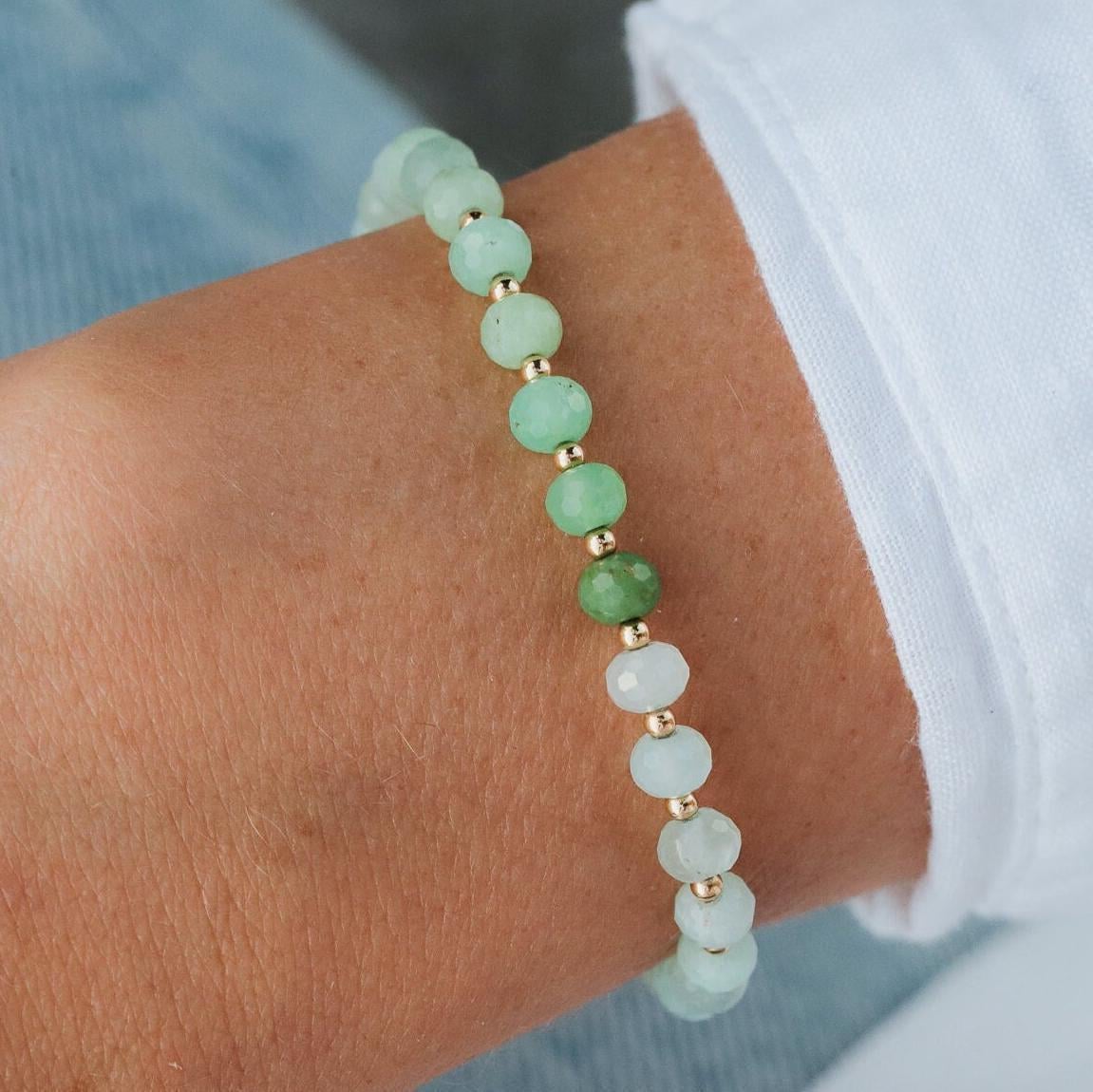 Heart Energy Chrysoprase bracelet by Earthly Abundance Jewelry featuring vibrant green chrysoprase beads and a heart-shaped charm.