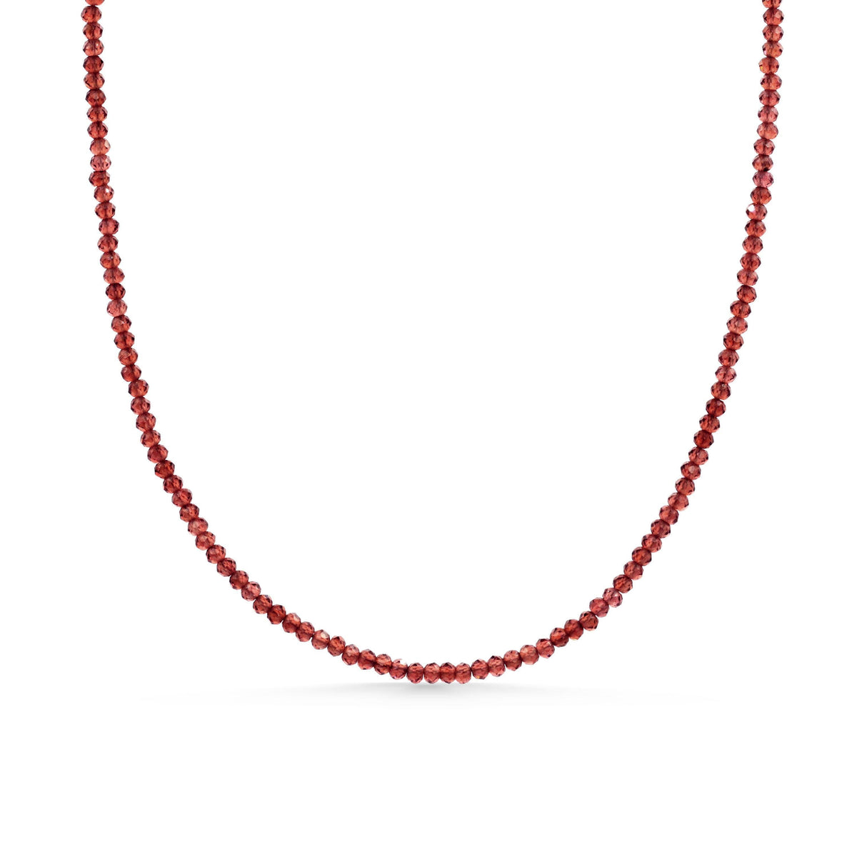 Earthly Abundance garnet 2mm beaded necklace featuring deep red gemstones on a delicate chain.