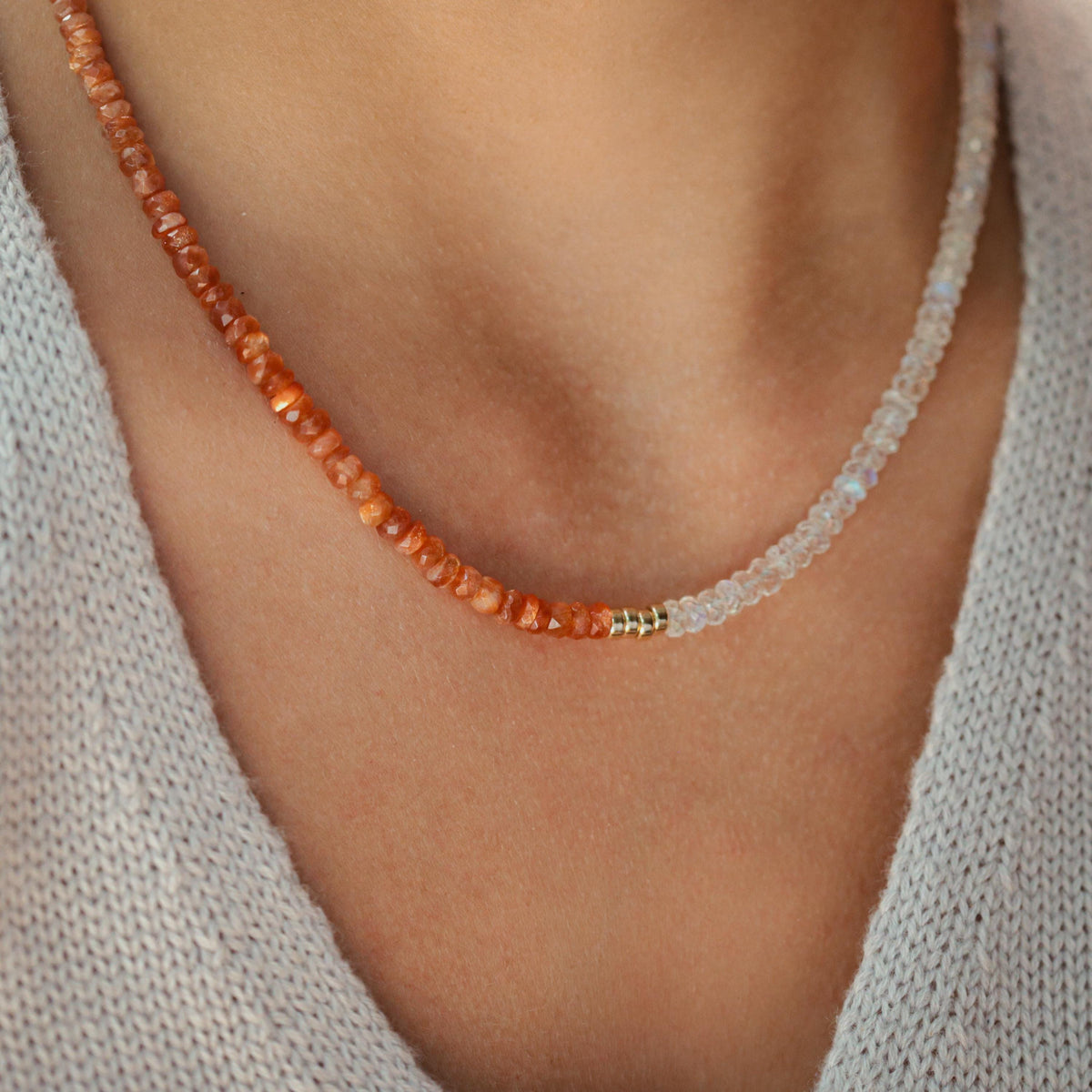 Celestial Balance Necklace featuring moonstone and sunstone beads on a delicate chain, designed for elegant spiritual style.
