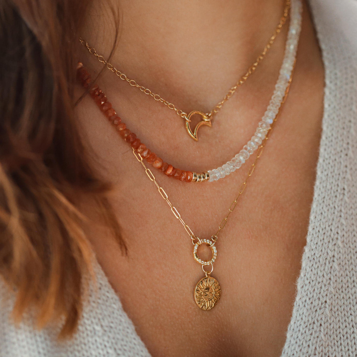 Celestial Balance Necklace featuring moonstone and sunstone beads on a delicate chain, from Earthly Abundance.