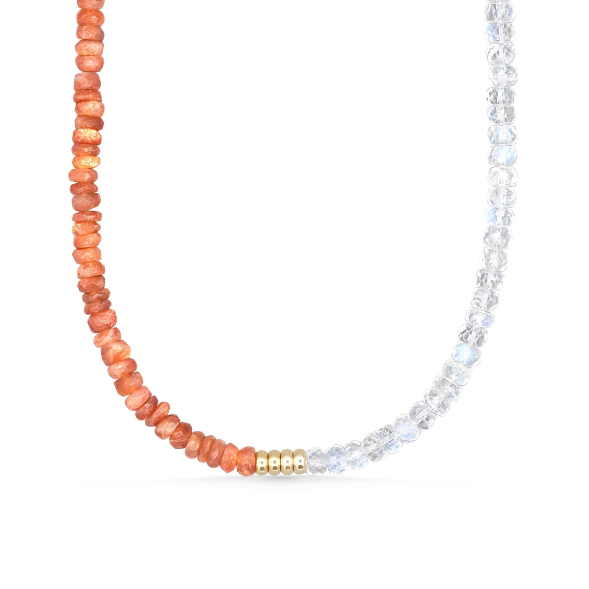 Celestial Balance Necklace featuring moonstone and sunstone beads on a silver chain, designed by Earthly Abundance