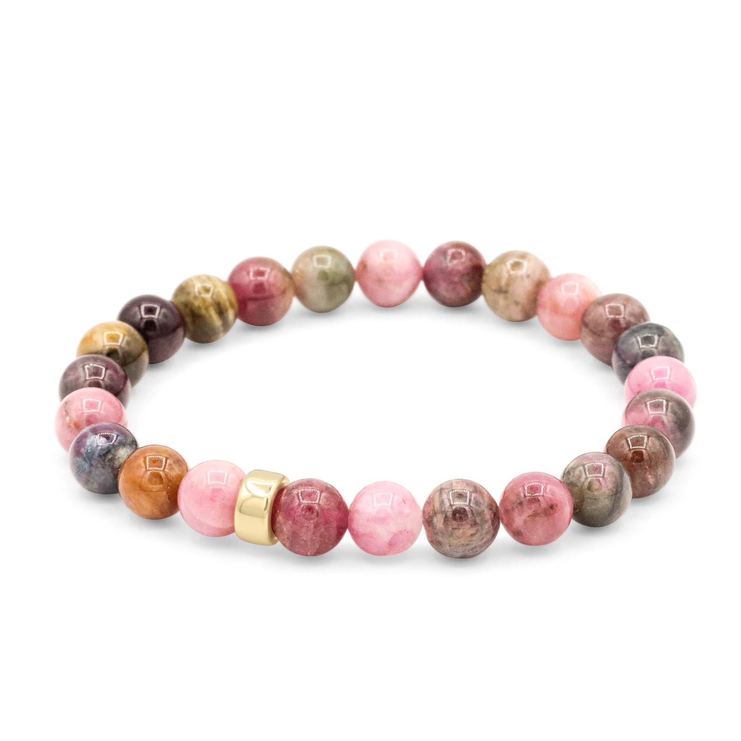 Dusty Rose pink tourmaline bracelet with 14K gold clasp from Earthly Abundance Jewelry, showcasing smooth, polished gemstone beads.