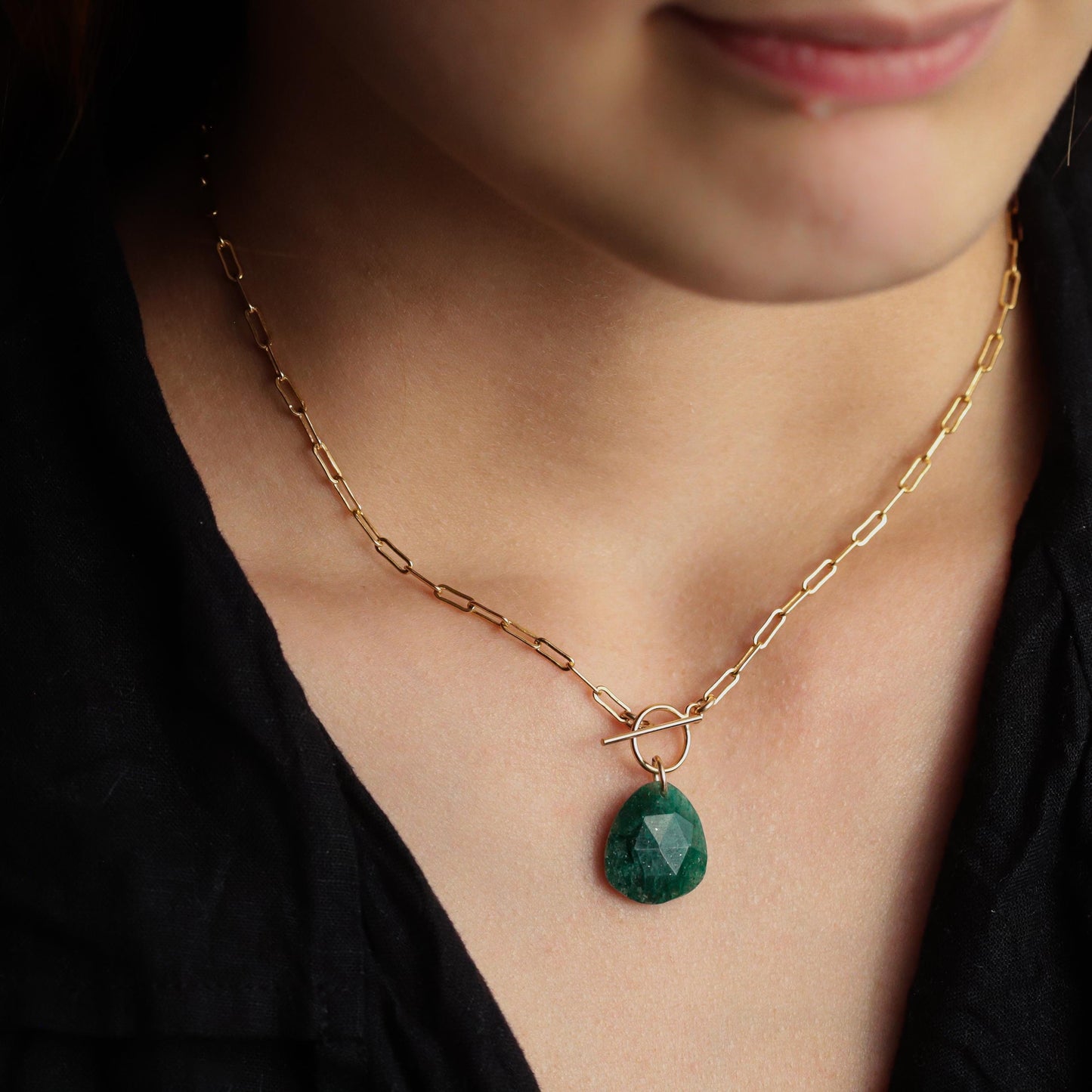 Aventurine toggle necklace with green gemstone beads and silver toggle clasp, crafted by Earthly Abundance.