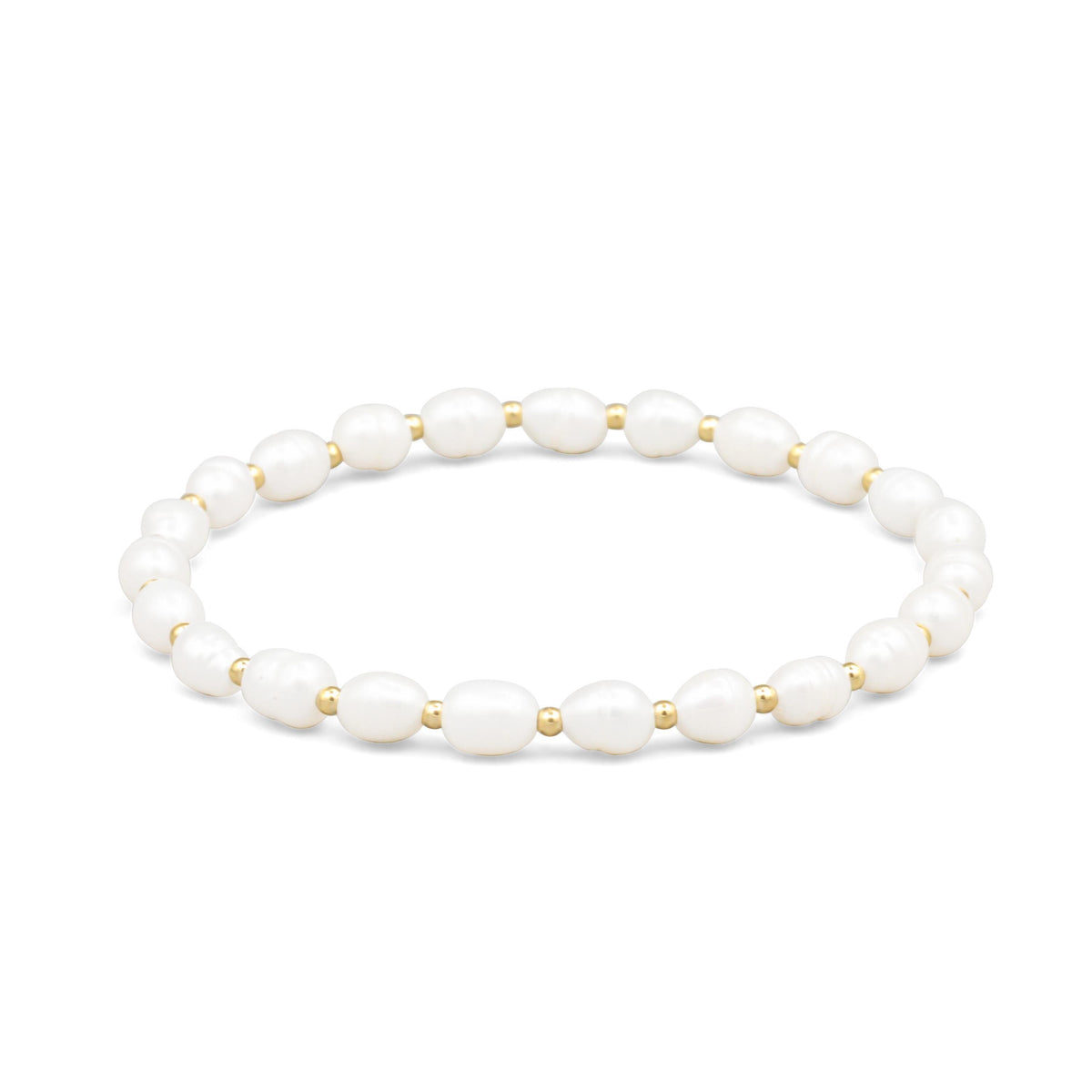 Close-up of Earthly Abundance Soft Radiance Pearl bracelet with 14K gold clasp, featuring smooth white pearls on a delicate chain.
