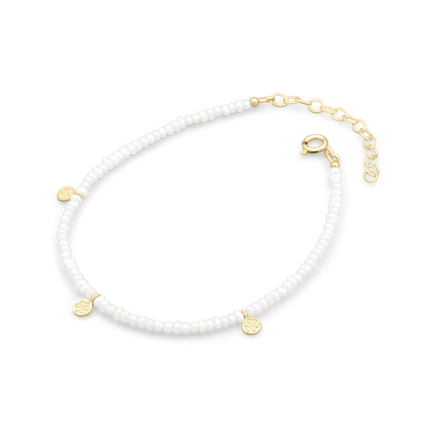 Fresh water pearl daisy anklet by Earthly Abundance featuring delicate pearl and floral design on a silver chain.