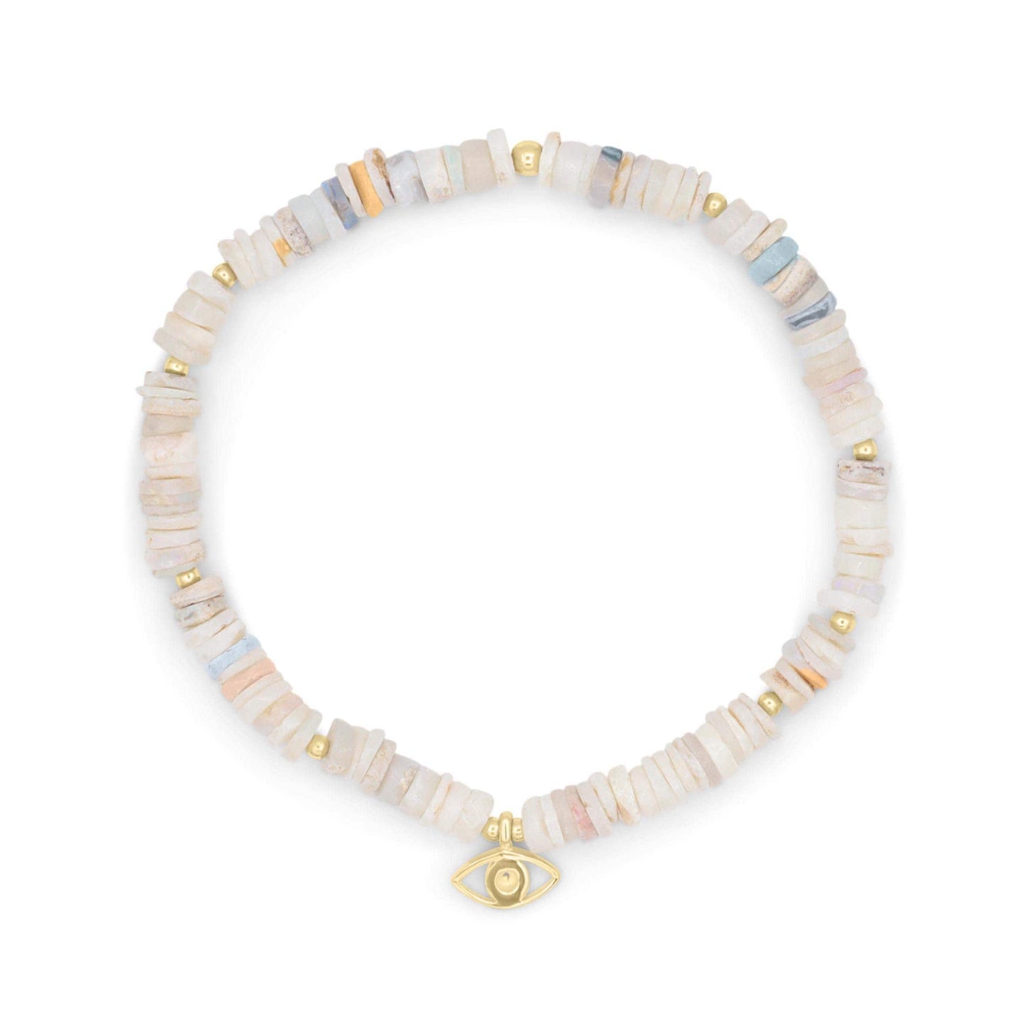 Australian opal evil eye bracelet featuring a silver chain and colorful opal and evil eye charms from Earthly Abundance.