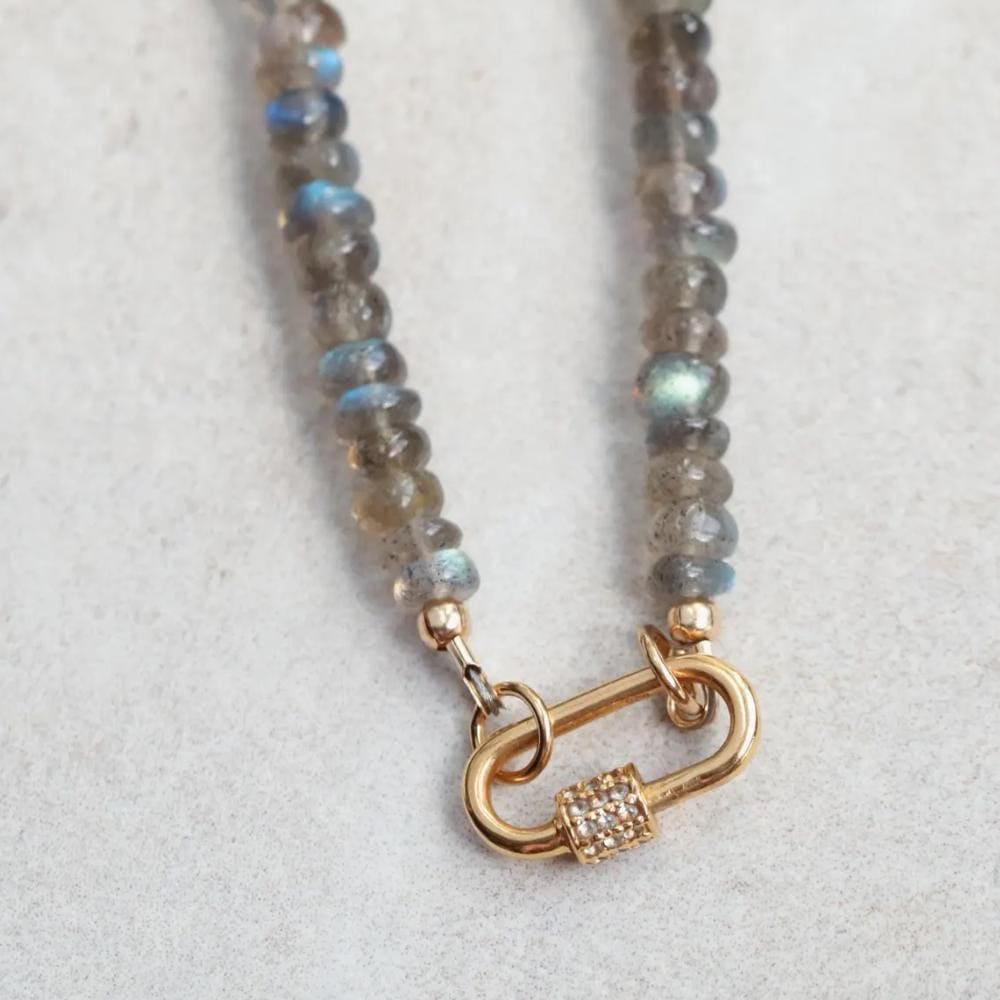 Labradorite and white topaz carabiner necklace by Earthly Abundance featuring a gemstone pendant on a silver chain.