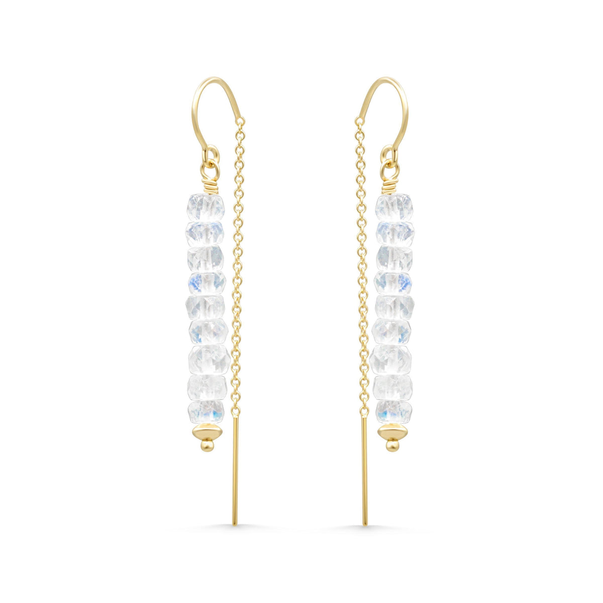 Moonstone threader earrings by Earthly Abundance featuring delicate silver chains and shimmering moonstone gemstones.