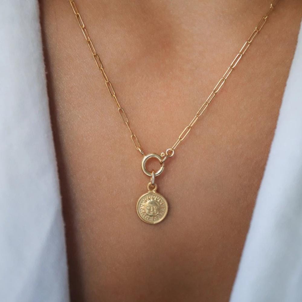 14K gold filled reversed paperclip necklace by Earthly Abundance Jewelry, featuring a sleek, modern design with shiny gold links.