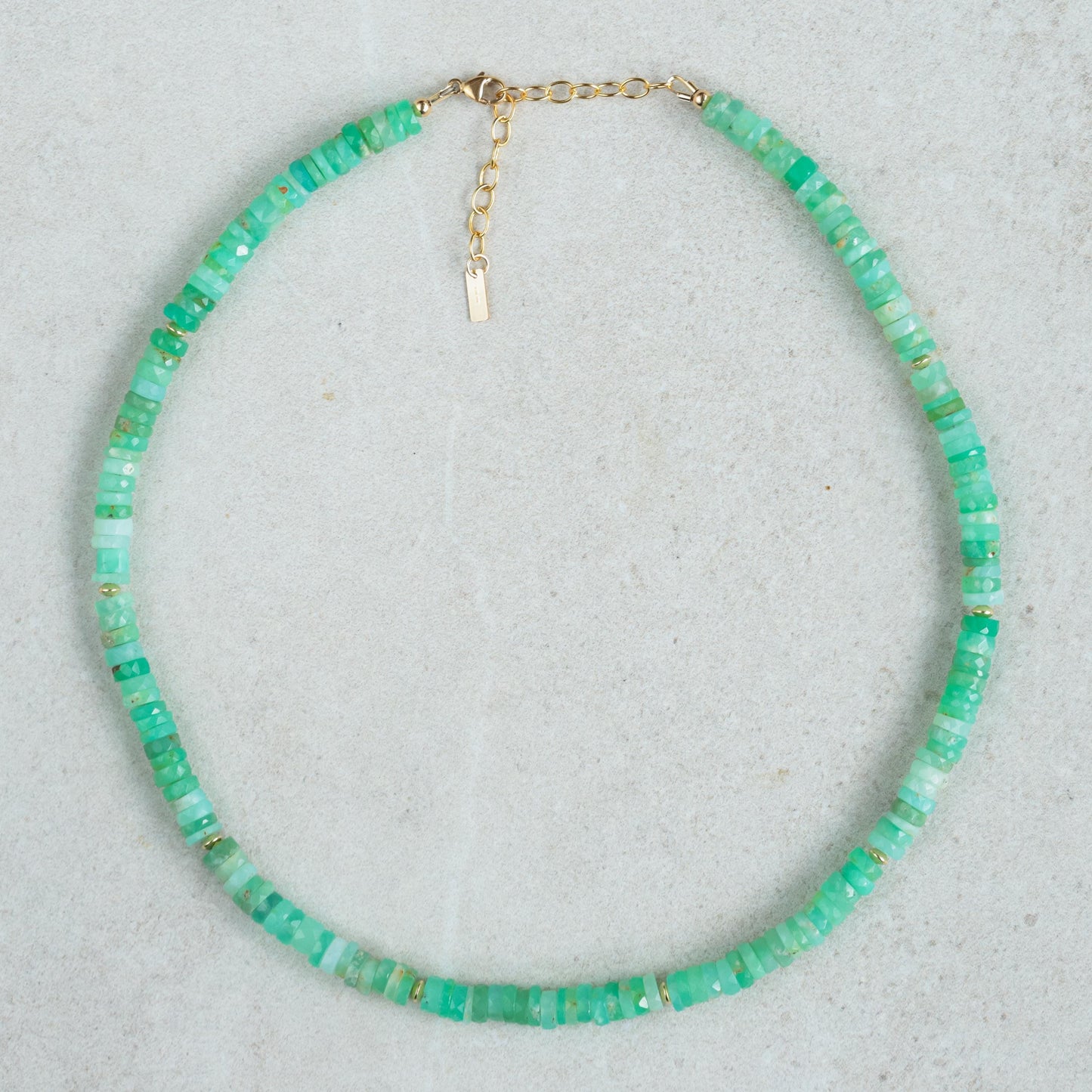 Chrysoprase Heishi necklace with small green gemstone beads from Earthly Abundance, stylish and natural jewelry piece.