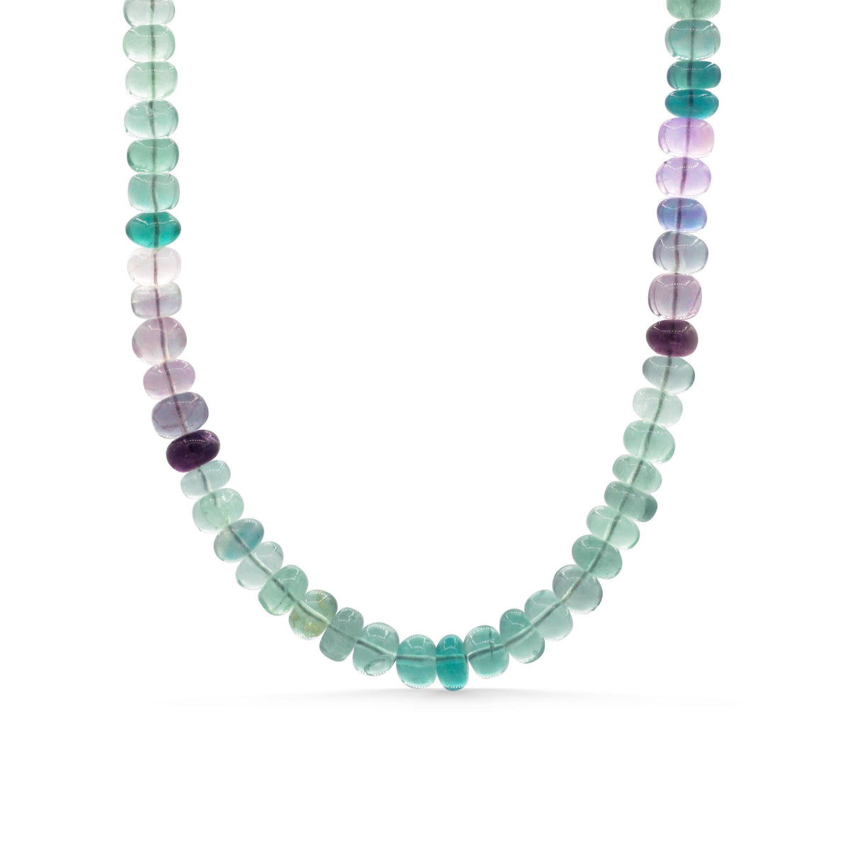 Smooth fluorite necklace from Earthly Abundance featuring polished multicolored fluorite beads on a delicate cord.