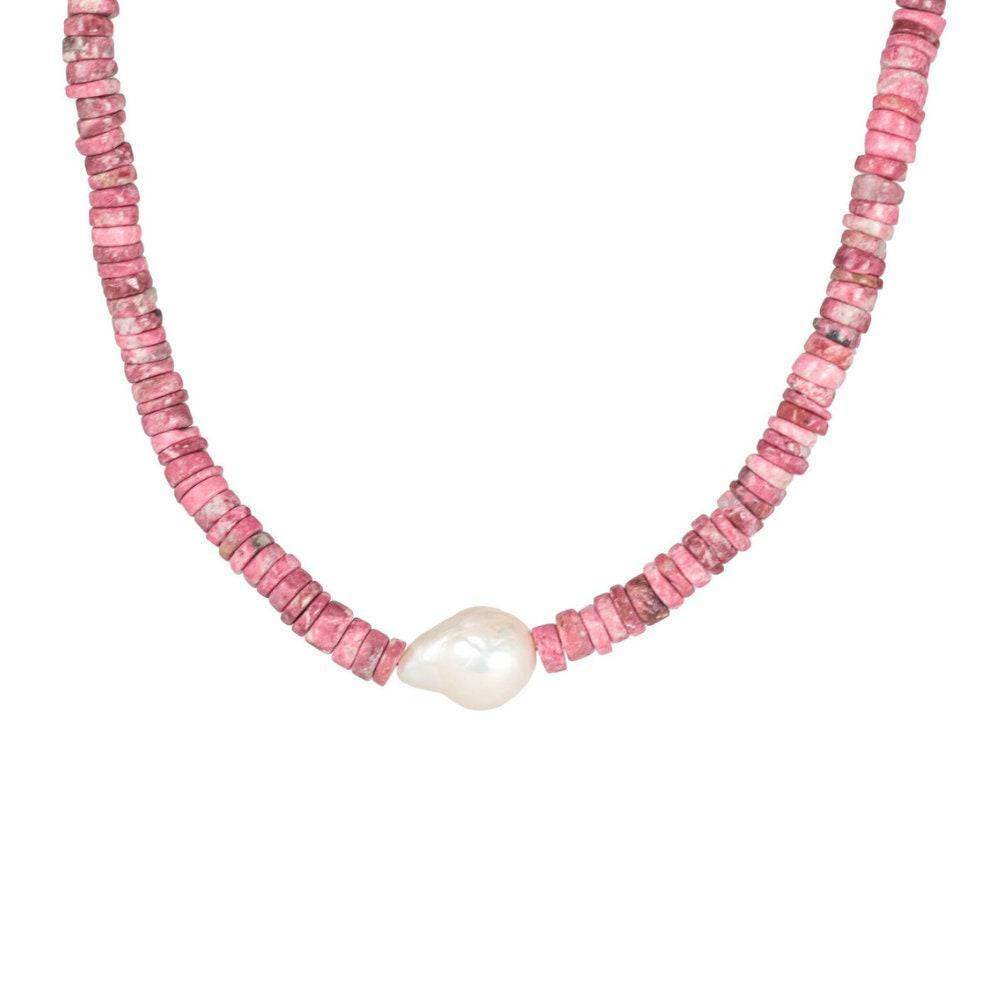 Pink Thulite pearl necklace from Earthly Abundance Jewelry featuring pink gemstones and elegant pearl accents.